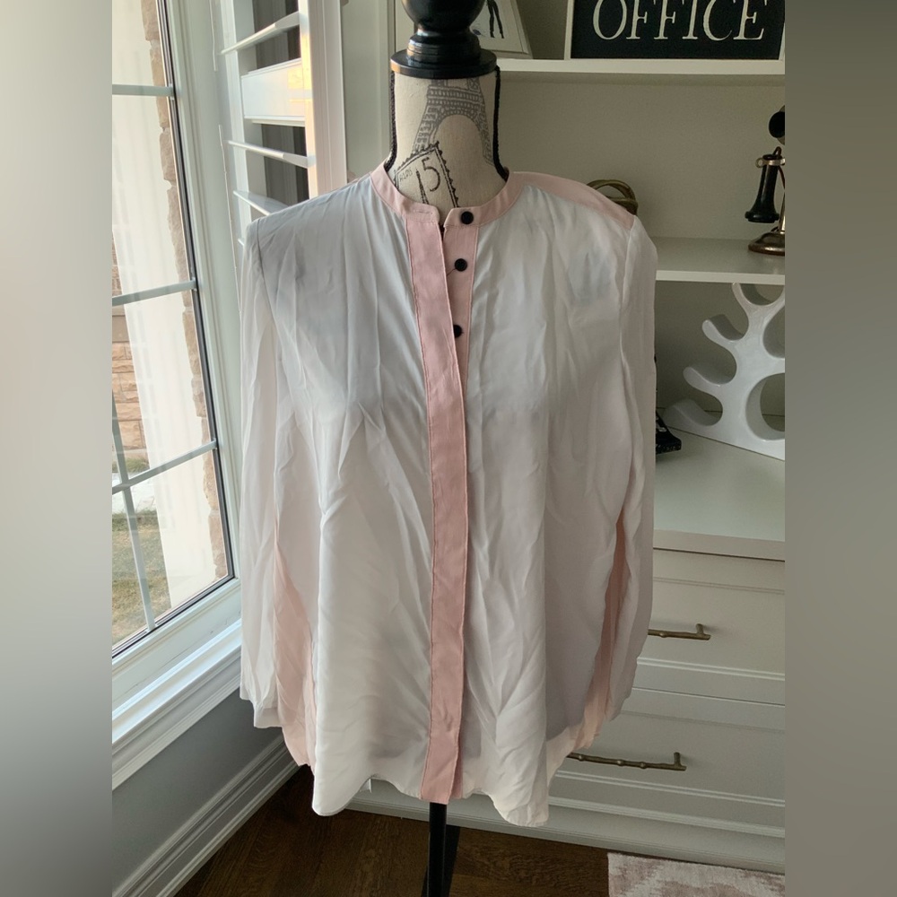 RUDSAK Pink & White Sheer Button Up Pleated Sheer Oversized Blouse SZ XS/Small